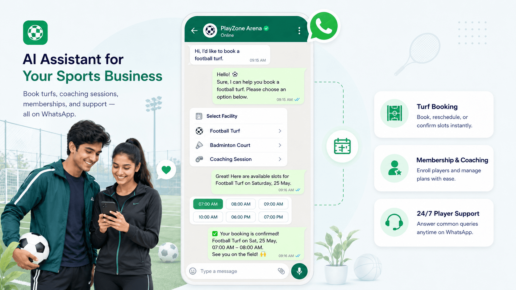 Manage turf bookings, coaching, and memberships on WhatsApp